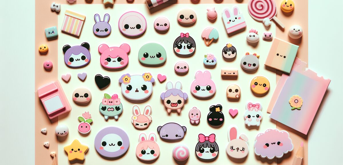 Cute stickers and small accessories collection with round kawaii characters, pastel colors, flat lay