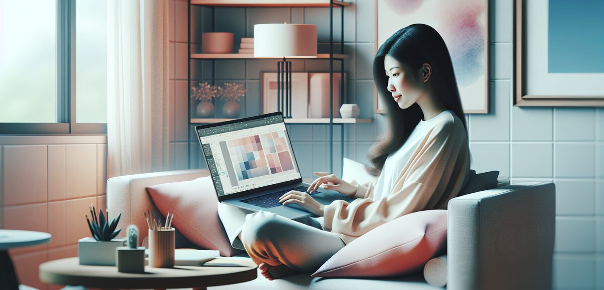 Person working on laptop with creative content on screen, cozy workspace setup, pastel colors, no te
