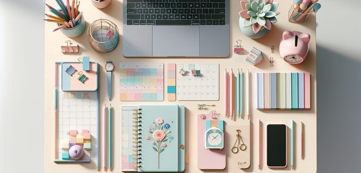 Creative desk setup with colorful stationery and planning notebook, organized workspace, pastel aest