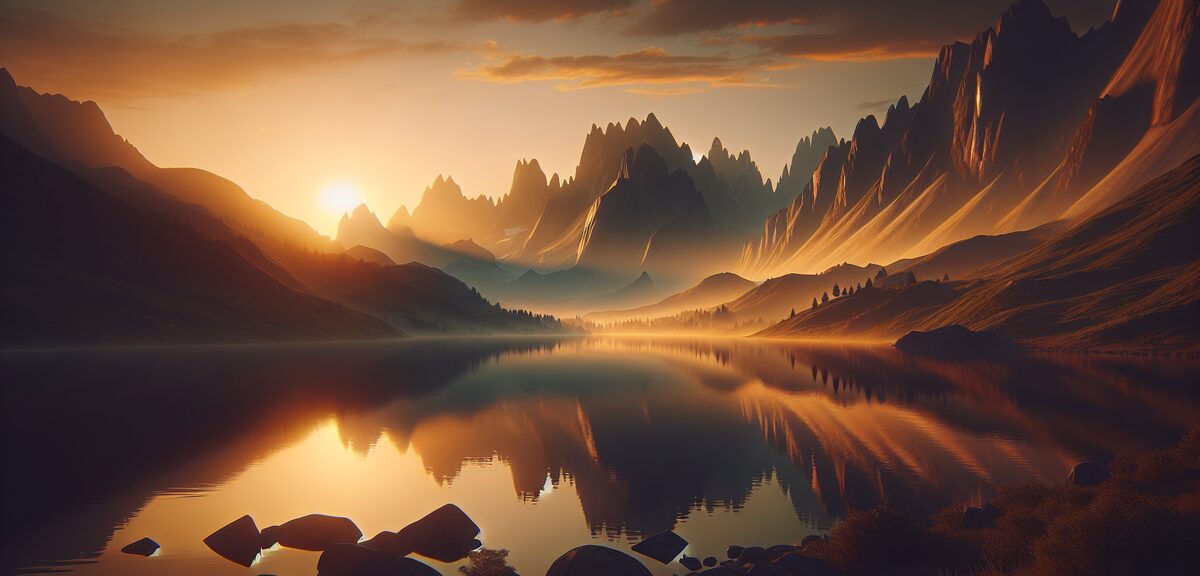 Mountain and lake landscape at sunrise, peaceful nature scene, warm golden light, no text