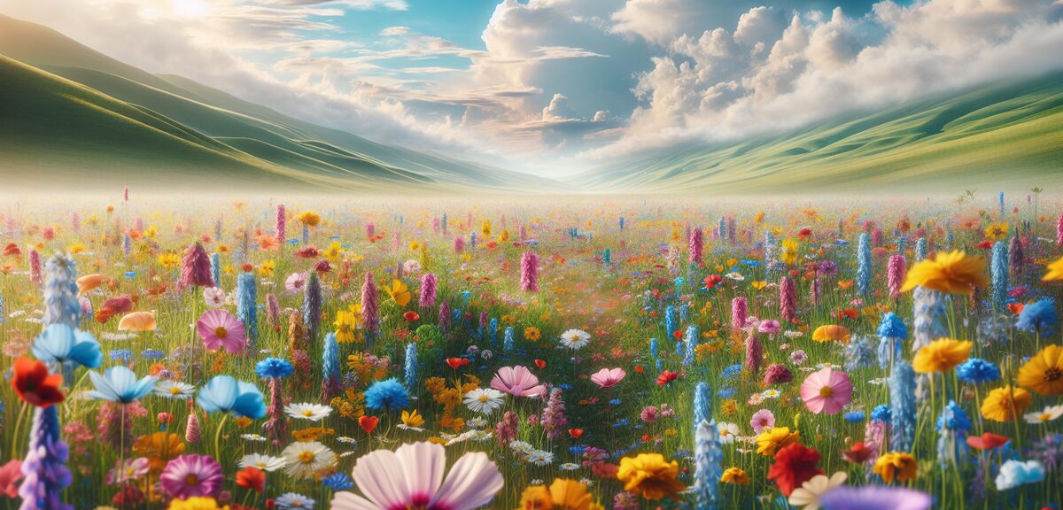 Colorful wildflowers in a meadow with blue sky background, vibrant natural colors, peaceful scene, n