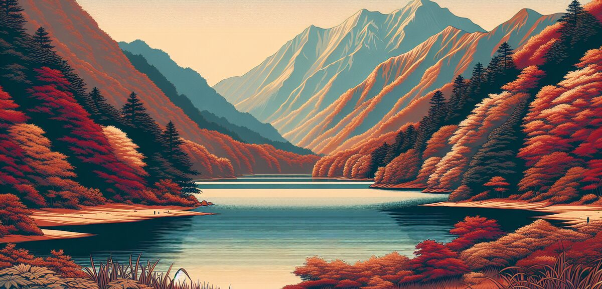 Serene lake surrounded by mountains and autumn foliage, Japanese landscape, peaceful atmosphere, no 