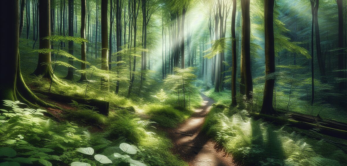 Hiking trail through green forest with sunlight filtering through trees, peaceful woodland path, no 