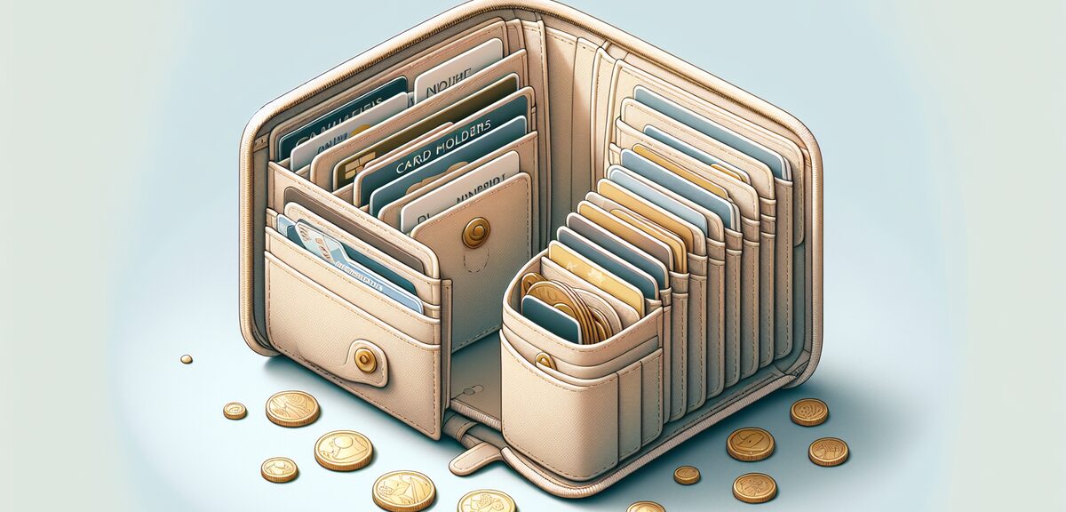Organized wallet interior with card holders and coin compartments, neat and tidy arrangement, soft c