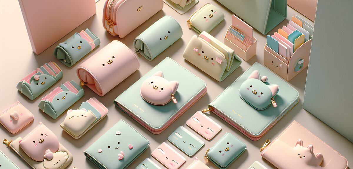 Colorful small pouches and card cases arranged aesthetically, organization items collection, cute pa