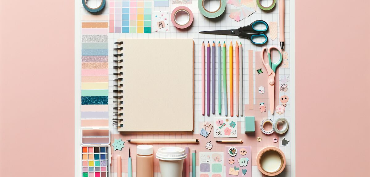 Craft supplies flat lay with stickers, washi tape, scissors and notebook, pastel colors organized ne