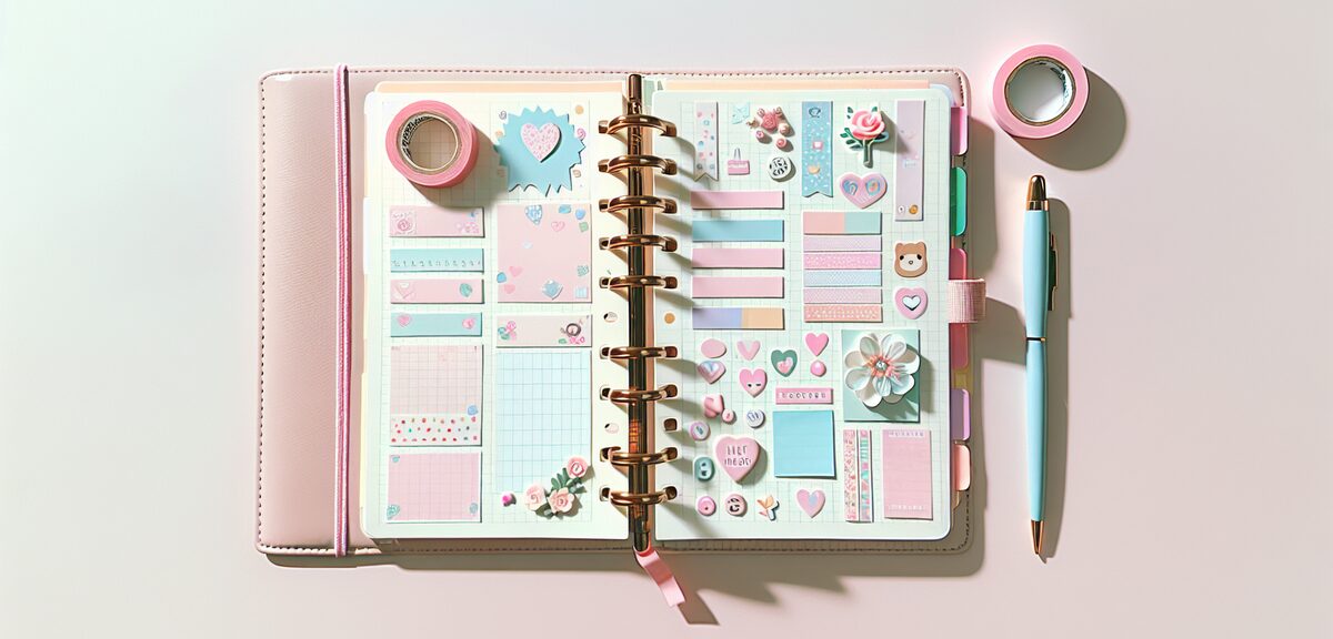 Decorated planner pages with cute stickers and colorful tape, organized and aesthetic layout, soft p