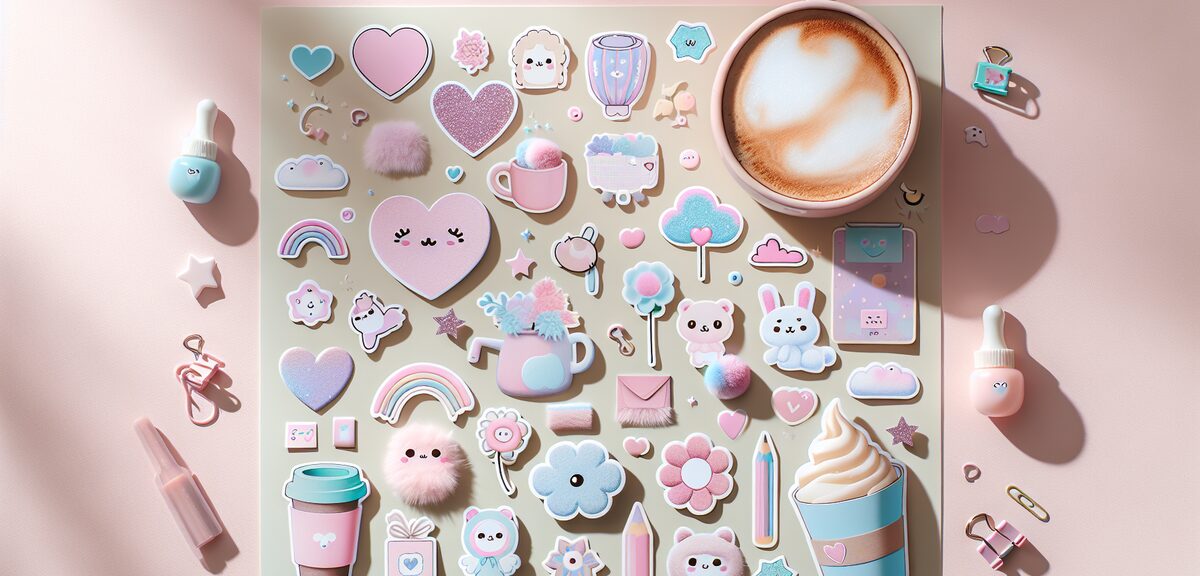 Various cute stickers and decorative items arranged aesthetically on light background, pastel colors