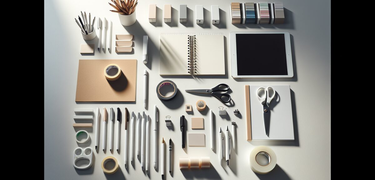 Organized desk with craft supplies including tape, pens and scissors, clean minimalist arrangement, 